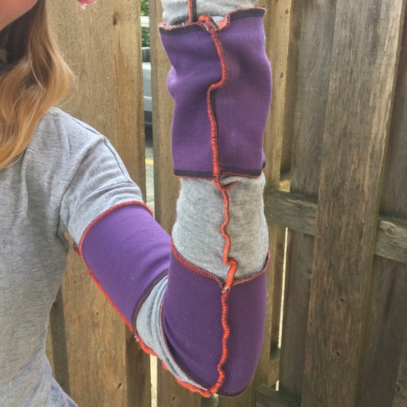 Upcycled Womens Purple Patchwork Shirt Size Medium Long Sleeve Gray Thumb Holes - Picture 11 of 12